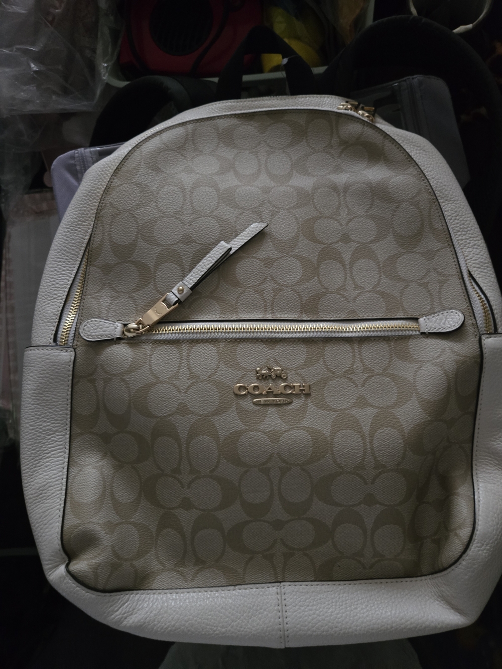 Coach Signature Logo Backpack in Light Beige and Cream